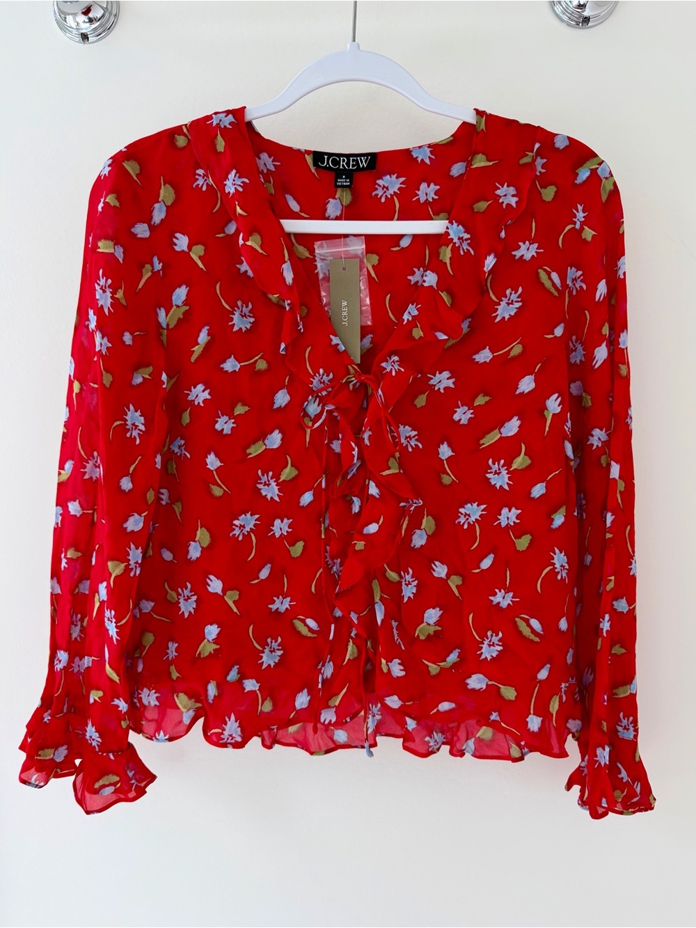 NWT J.Crew Ruffle Tie-Front Chiffon Floral Top Red Multi Size 8
